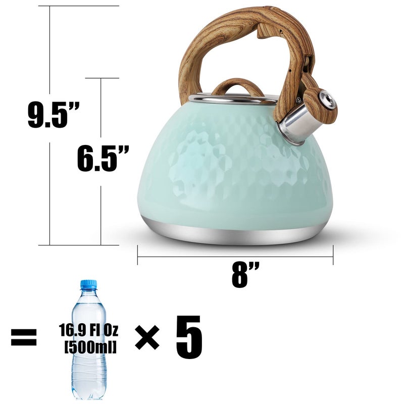 toptier Tea Kettle, Toptier Teapot Whistling Kettle with Wood Pattern Handle Loud Whistle, Food Grade Stainless Steel Tea Pot for Stovetops Induction Diamond Design Water Kettle, 2.7-Quart Light Green - Image 2