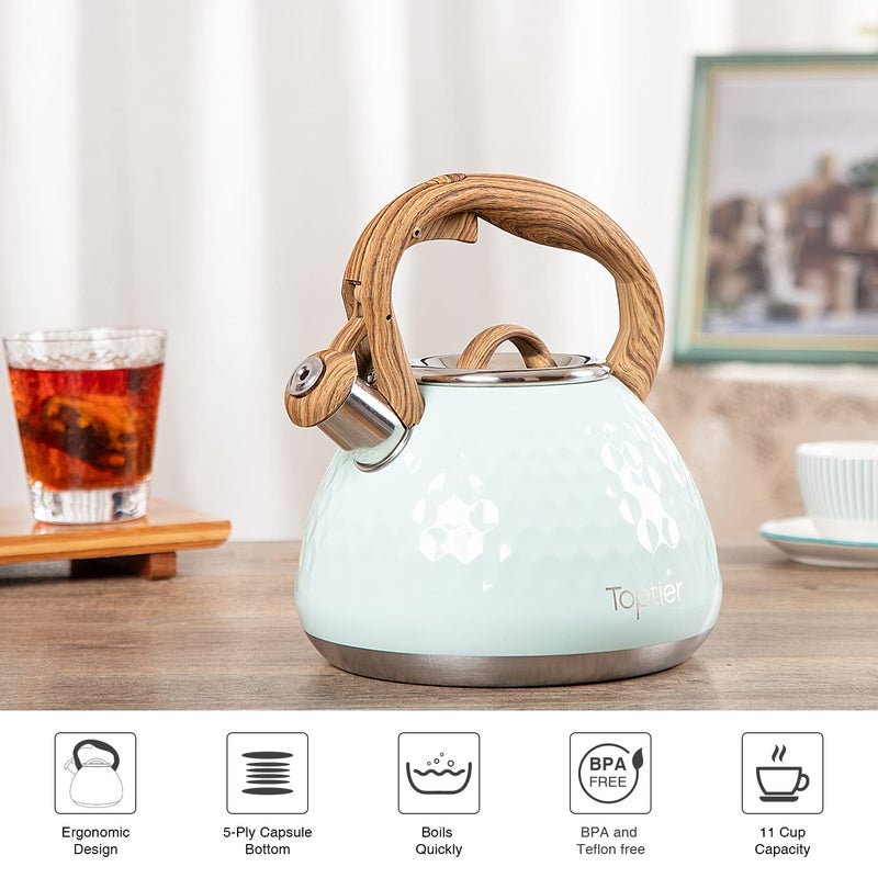 toptier Tea Kettle, Toptier Teapot Whistling Kettle with Wood Pattern Handle Loud Whistle, Food Grade Stainless Steel Tea Pot for Stovetops Induction Diamond Design Water Kettle, 2.7-Quart Light Green - Image 5