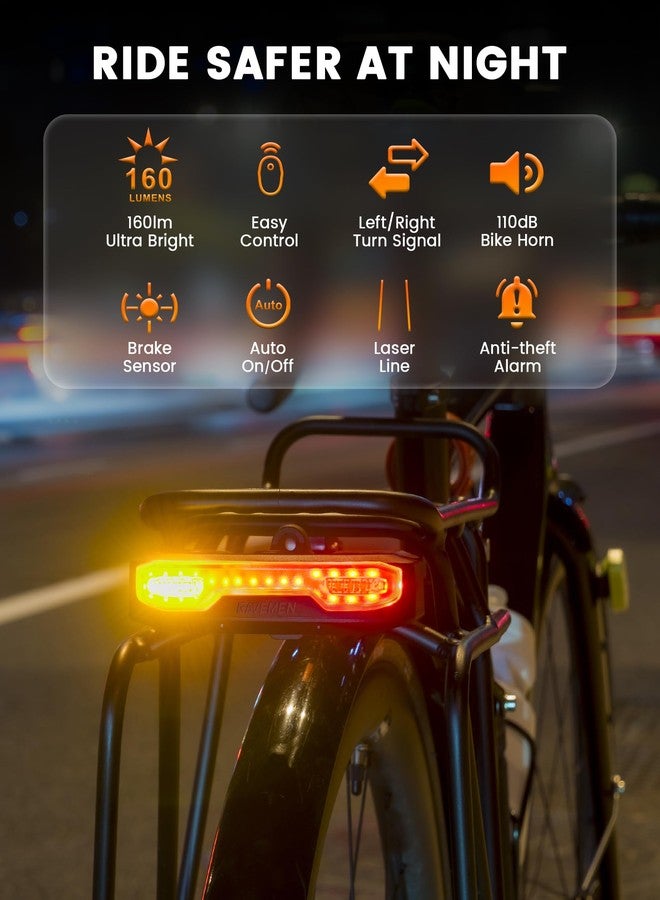 RAVEMEN Bike Tail Light with Turn Signals, 160 Lumens Rear Bicycle Light with Horn Alarm, Auto On/Off Brake Light, Ground Warning Lights for Seatpost and Cargo Rack, Night Riding Safety - Image 2