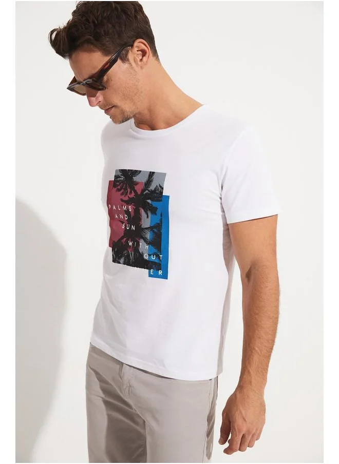جون June Men Regular Fit Printed Crew Neck Tshirt White