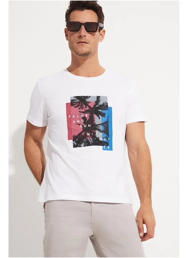 جون June Men Regular Fit Printed Crew Neck Tshirt White