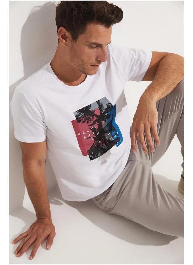 جون June Men Regular Fit Printed Crew Neck Tshirt White
