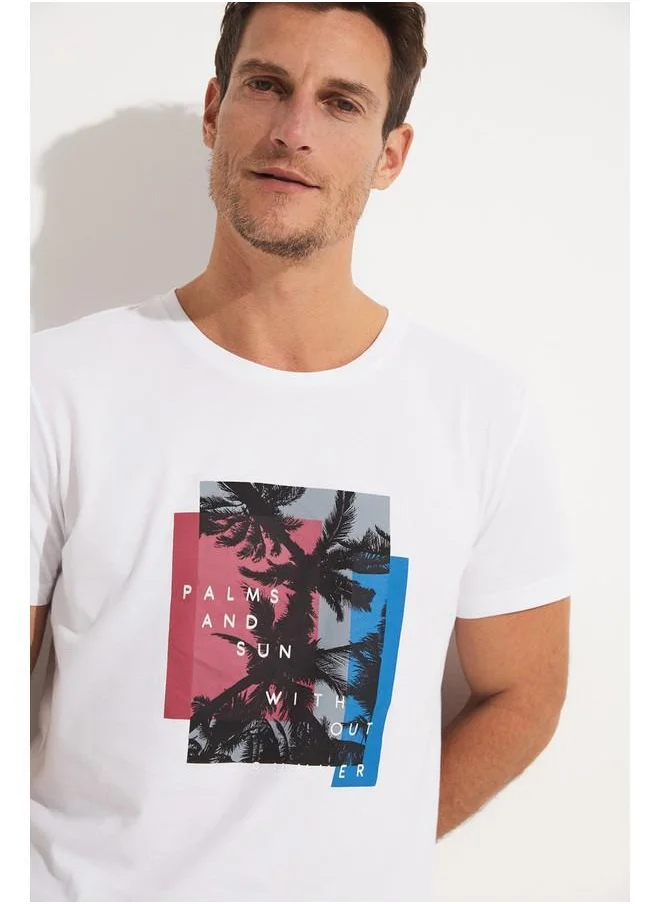 جون June Men Regular Fit Printed Crew Neck Tshirt White