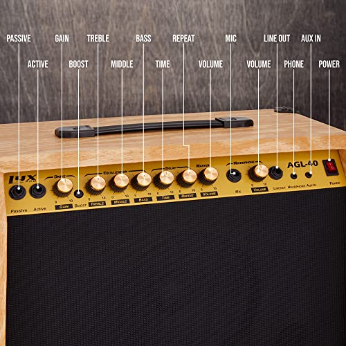 LyxPro 40 Watt Electric Guitar Amplifier | Solid State Studio Amp with 8” 4-Ohm Speaker, Custom EQ Controls, Drive, Delay, ¼” Passive/Active/Microphone Inputs, Aux in & Headphone Jack - Natural - Image 2