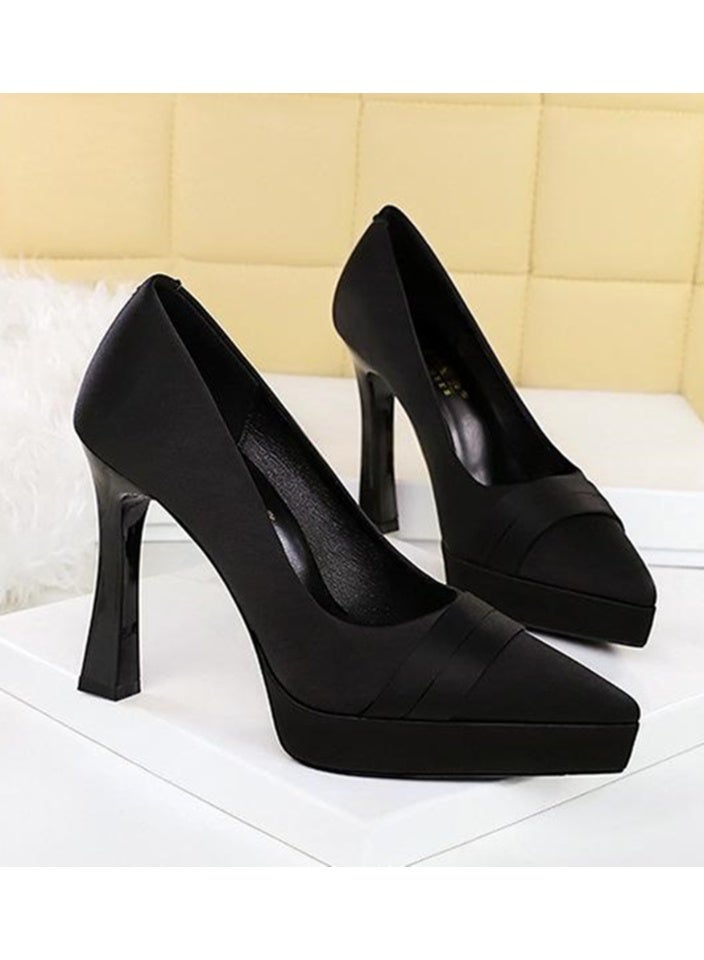 بيج تري المرأة الساتان مغلق إصبع القدم مضخات الكعب العالي مع منصة أسود 11.5CM - Image 2
