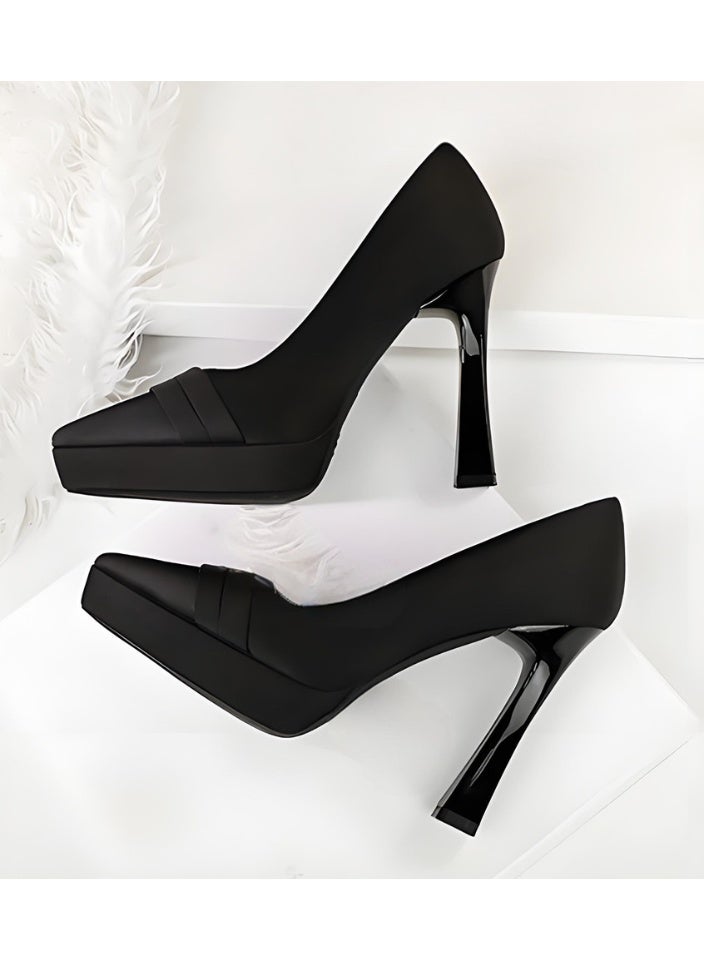 بيج تري المرأة الساتان مغلق إصبع القدم مضخات الكعب العالي مع منصة أسود 11.5CM - Image 3