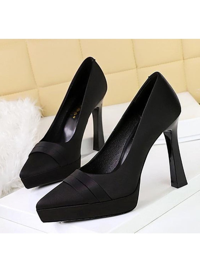 بيج تري المرأة الساتان مغلق إصبع القدم مضخات الكعب العالي مع منصة أسود 11.5CM - Image 1