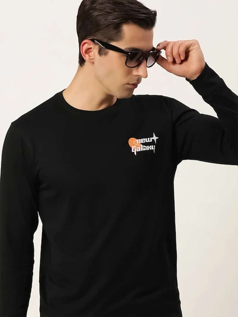 Maniac Maniac Mens Printed Round Neck Full Sleeve Cotton Black Slim Fit Tshirt