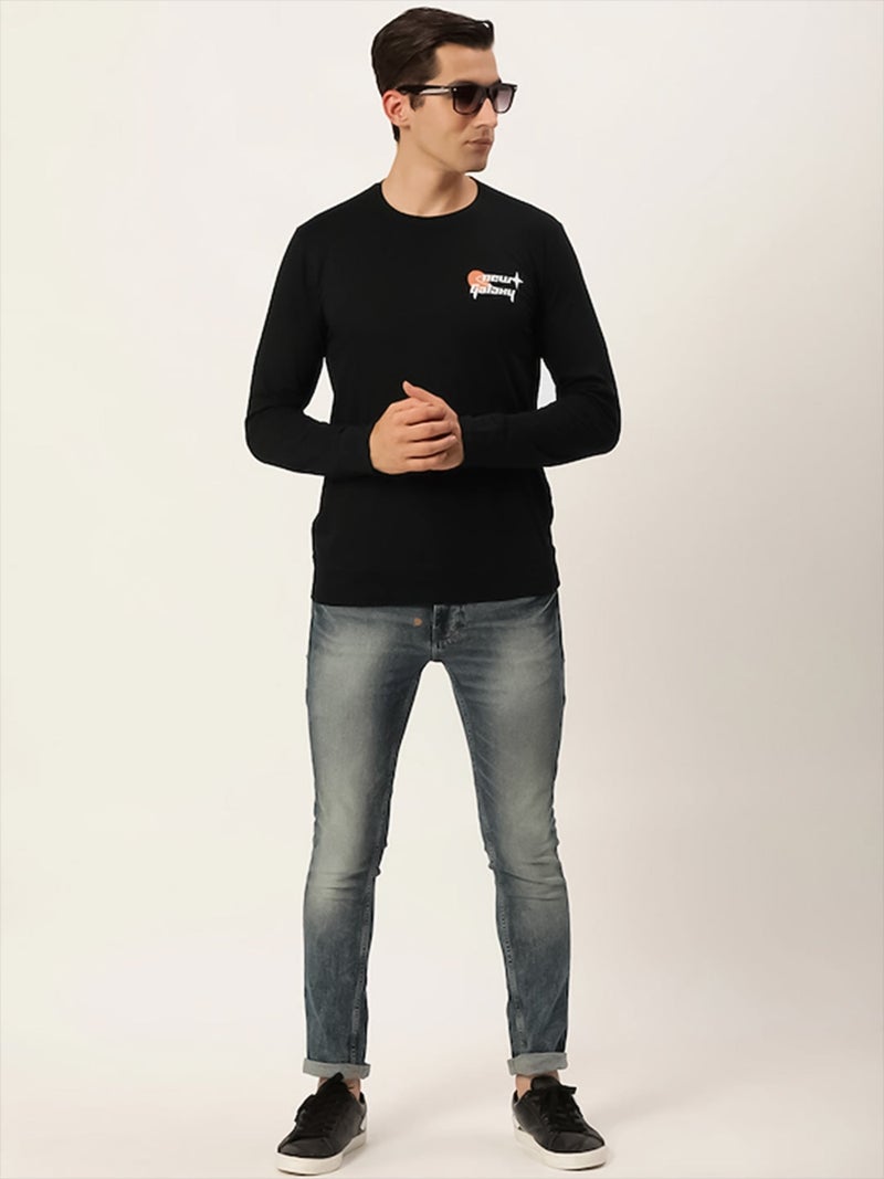 Maniac Mens Printed Round Neck Full Sleeve Cotton Black Slim Fit Tshirt - Image 5