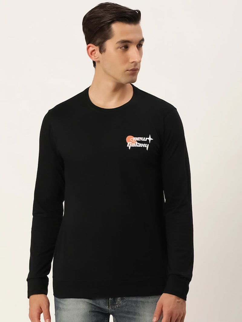 Maniac Mens Printed Round Neck Full Sleeve Cotton Black Slim Fit Tshirt - Image 1