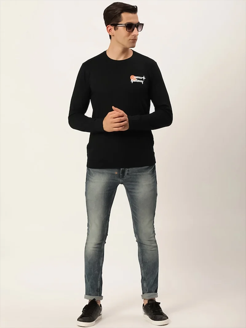 Maniac  Maniac Mens Printed Round Neck Full Sleeve Cotton Black Slim Fit Tshirt for Men | Best Price UAE