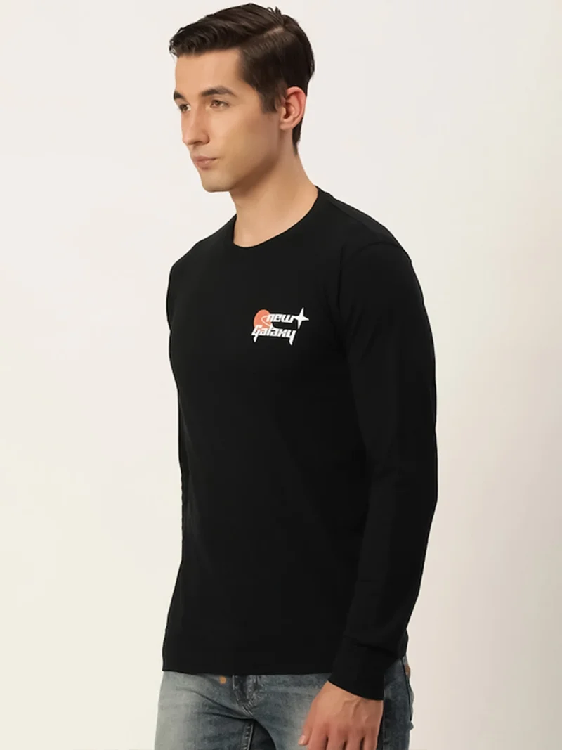 Maniac  Maniac Mens Printed Round Neck Full Sleeve Cotton Black Slim Fit Tshirt for Men | Best Price UAE