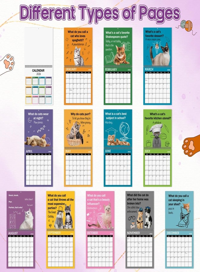 JAPBOR Funny Cat Joke Pun Calendar - 2PCS 2026 Cats Themed Wall Calendar, 12 Months Hanging Planner with Thick Paper, Animals Weekly Monthly Home Office Organizer for New Year Christmas Gifts (11" x 11") - Image 3