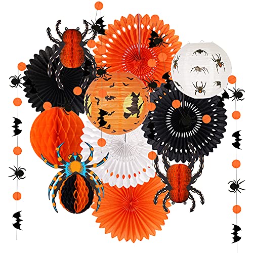 YUNXUAN Halloween Party Decorations, Hanging Spider Bat Paper Lanterns Spiders Honeycomb for Halloween Home Decor Birthday Party Supplies Props (Orange, Black) - Image 1
