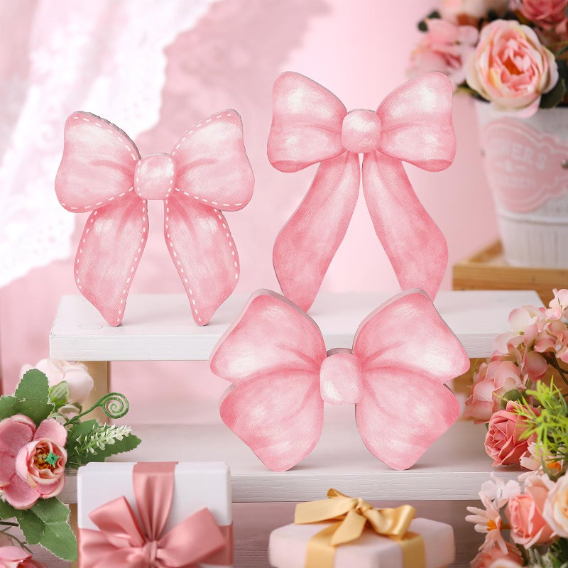 Lineshading 3 Pcs Pink Bow Coquette Room Decor Wooden Sign, Preppy Room Decor Coquette Party Decor, Girly Pink Bow Tiered Tray Decor, Girls Room Decor for Home Dorm Wall Desk Shelf Tabletop Decoration - Image 1