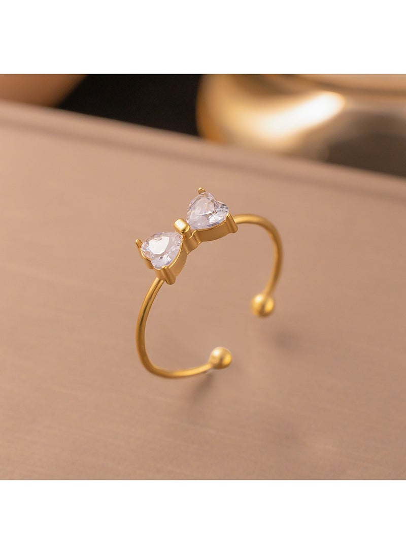 CLARA 18K Gold Plated Stainless Steel Adjustable Ring for Women - Double Heart Crystal Open Ring - Image 1