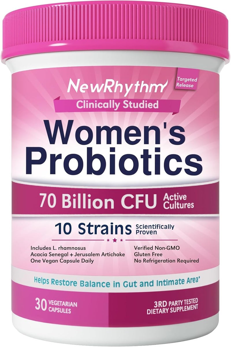 NewRhythm Womens Probiotics Organic Prebiotics 70 Billion CFU 10 Strains Vaginal Probiotics for Urinary  Digestive Health 30 Vegan Capsules No Bloating - Image 1