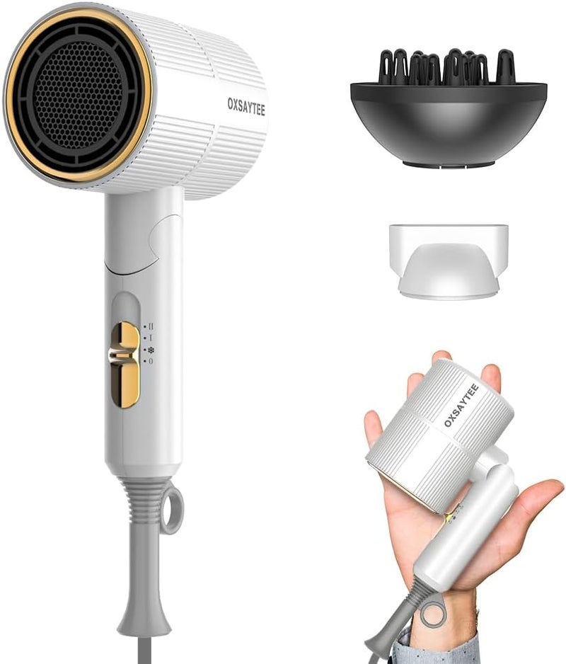 Oxsaytee Ionic Hair Dryer with Diffuser 250g Lightweight Professional Salon Hair Blow Dryer Foldable Design Negative Ion Professional Travel Hair Dryer with 1 Pouch Low Noise Hairdryer (White) - Image 1