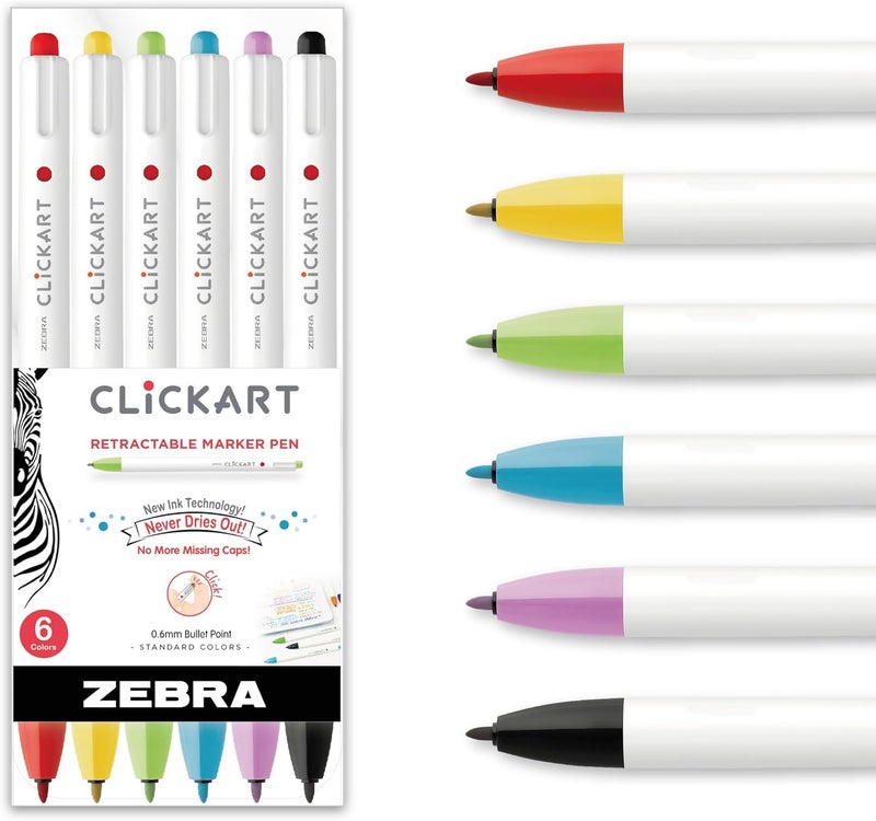 Zebra Pen Click Art Retractable Marker Pen, Fine Point, 0.6mm, Assorted Colors, 6 Pack - Image 1