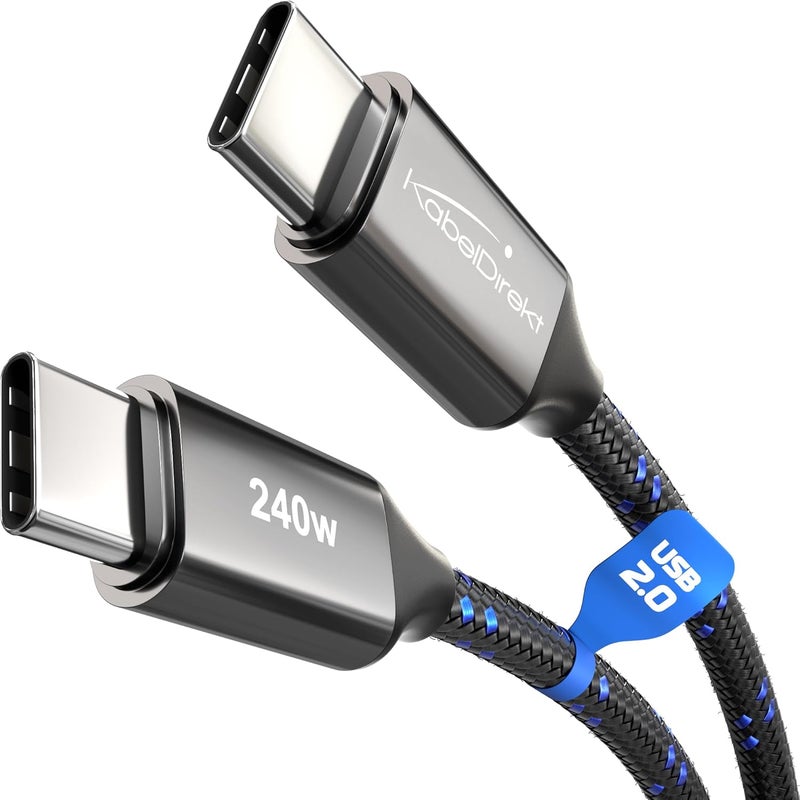 كيبل دايركت كابل – USB-C للشحن السريع، قابس معدني مقاوم للكسر + تضفير نايلون ثابت، USB 2.0 – 1 متر (يشحن الهواتف/أجهزة الكمبيوتر المحمولة بقدرة 240 واط، متين للغاية، يعمل ككابل شحن/بيانات) - Image 1