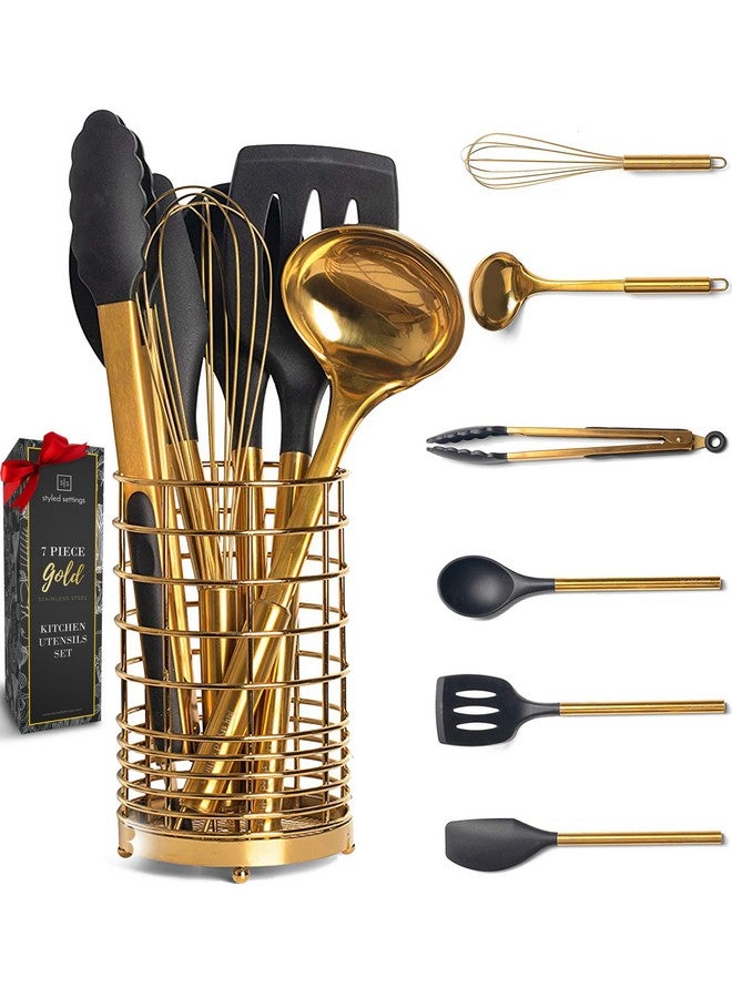 styled settings Black and Gold Kitchen Utensils Set - 7-Piece Silicone Cooking Tools with Gold Utensil Holder for Nonstick Cookware and Modern Kitchens - Stylish Luxury Kitchen Accessories - Image 1