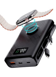 Power Bank 20000Mah 2 In 1 Portable Charger For Iphone 14 15 16 Watch Series And More Devices Battery Pack Built In Usb C Cable And Lightning Adapter Support Pd Qc 3.0 Black