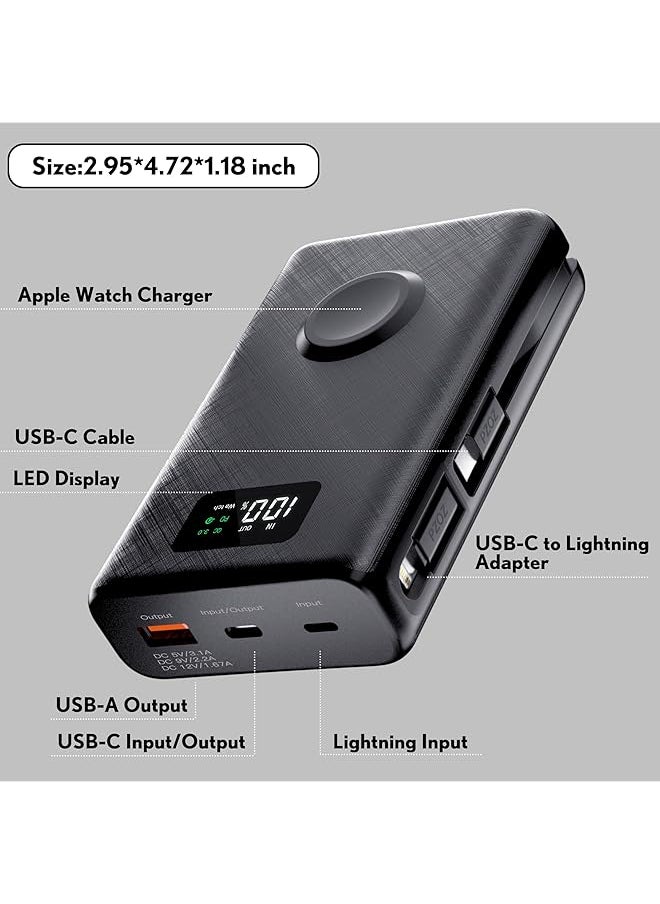 erorex - Power Bank 20000Mah 2 In 1 Portable Charger For Iphone 14 15 16 Watch Series And More Devices Battery Pack Built In Usb C Cable And Lightning Adapter Support Pd Qc 3.0 Black - Image 1