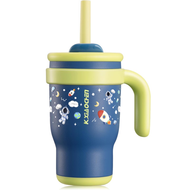 KXIAOCHEN 14 oz Kids Tumbler with Handle for spill proof Insulated Stainless Steel Reusable Tumbler for Toddlers, Keeps Drinks Cold up to 24 Hrs，Navy Blue Spaceman - Image 1