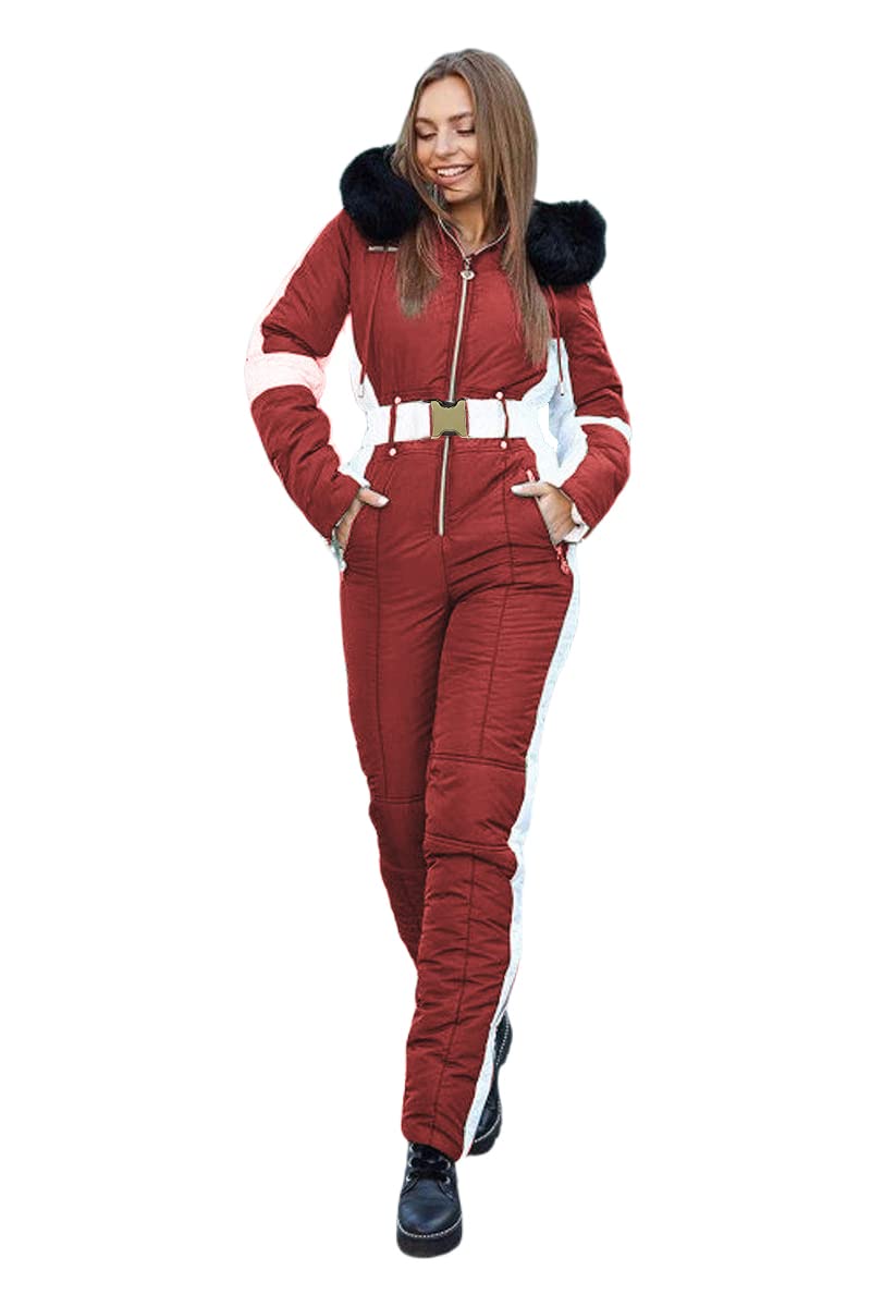 Yousify Womens Winter Onesie Ski Jumpsuits Outdoor Sports Waterproof Snowsuit Removable Faux Fur Collar Coat Jumpsuit - Image 1