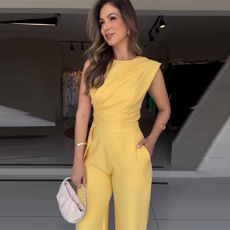 Women'S Sleeveless Pleated Elegant Yellow Straight Leg Pants - Image 3