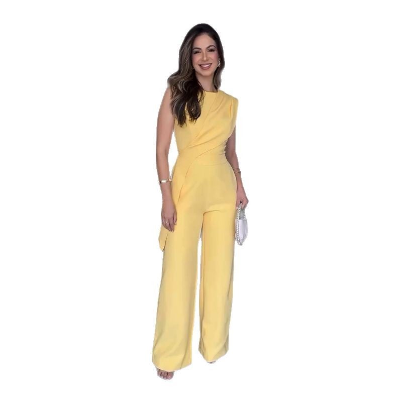 Women'S Sleeveless Pleated Elegant Yellow Straight Leg Pants - Image 4