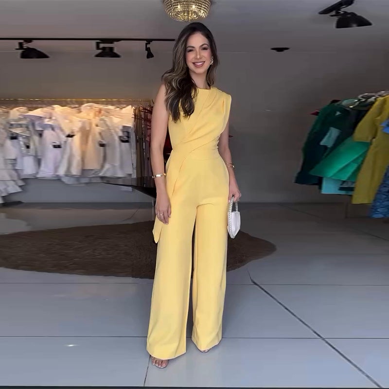 Women'S Sleeveless Pleated Elegant Yellow Straight Leg Pants - Image 1