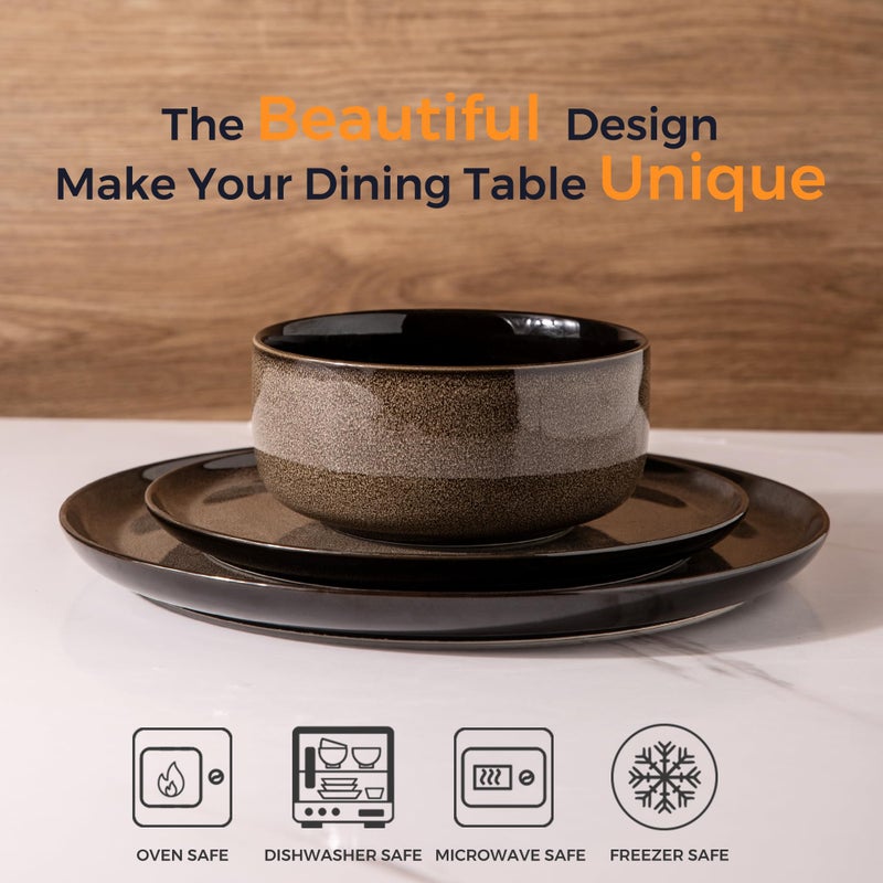 LERATIO Ceramic Dinnerware Sets for 4,Porcelain Plates and Bowls Sets,Microwave & Dishwasher & Oven Safe,Scratch Resistant Dishes Sets-Service for 4 (12pcs)-Mordern-coffee - Image 2