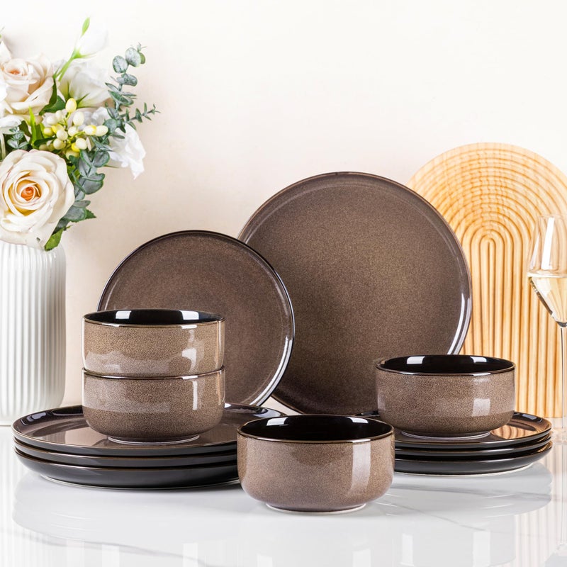LERATIO Ceramic Dinnerware Sets for 4,Porcelain Plates and Bowls Sets,Microwave & Dishwasher & Oven Safe,Scratch Resistant Dishes Sets-Service for 4 (12pcs)-Mordern-coffee - Image 1