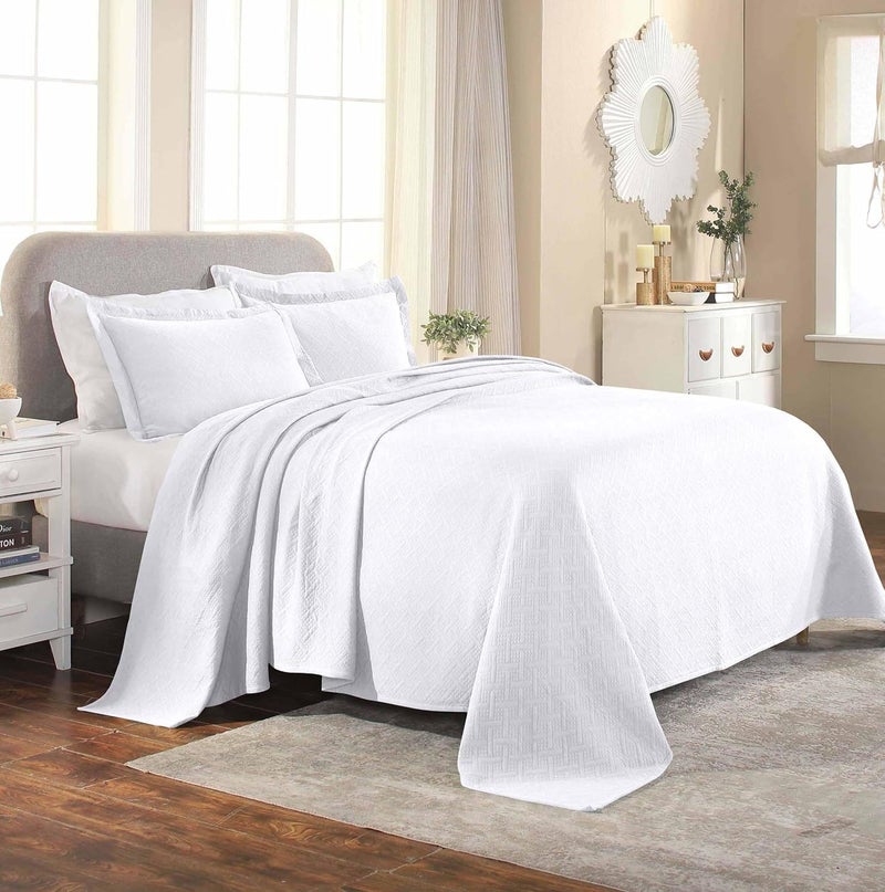 Superior Superior 100 Cotton Basket Weave Bedspread with Shams AllSeason Premium Cotton Matelasse Jacquard Bedding QuiltedLook Geometric Basket King White 