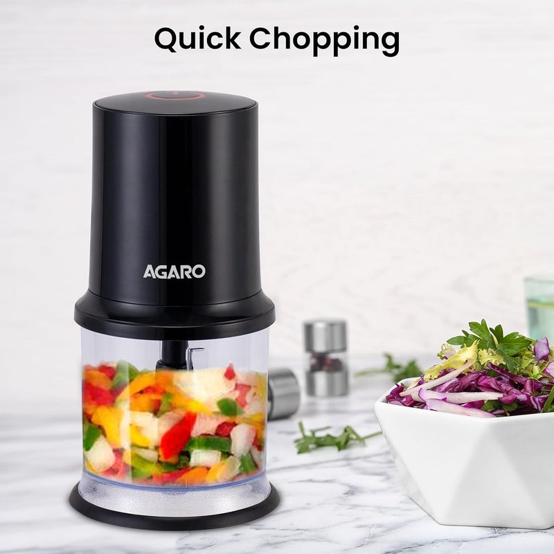 AGARO Electric Chopper, 400 Watts, Vegetable Chopper, Cutter, 100% Pure Copper Motor, Chop, Mince, Dice, Twin Stainless Steel Blade, 500 Ml, One Touch Operation, Elegant, Black. - Image 2