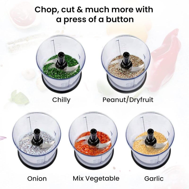 AGARO Electric Chopper, 400 Watts, Vegetable Chopper, Cutter, 100% Pure Copper Motor, Chop, Mince, Dice, Twin Stainless Steel Blade, 500 Ml, One Touch Operation, Elegant, Black. - Image 3