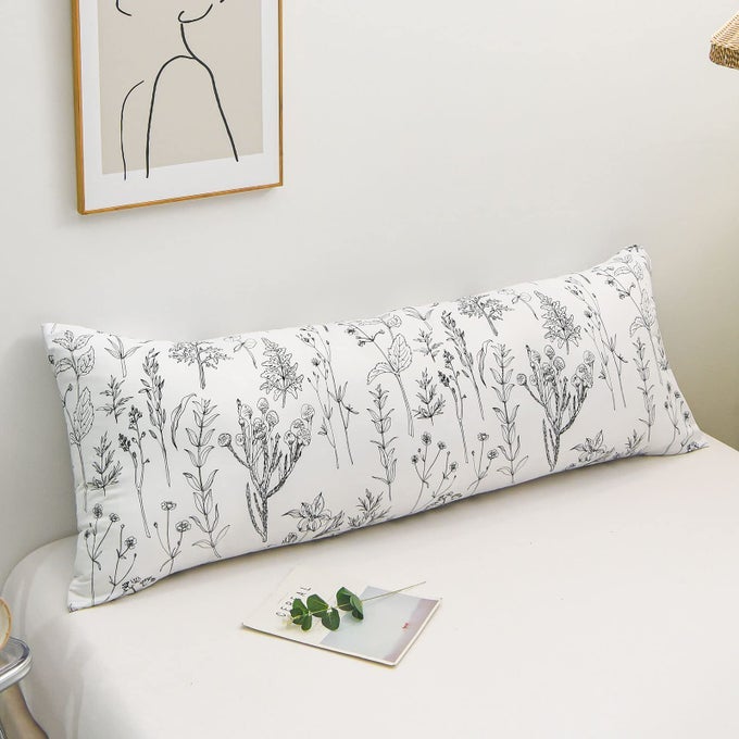 WHITE FLOWERS BODY PILLOW COVER 20X54 INCHES BLACK SKETCH FLOWERS PRINTED COUNTRY STYLE DECOR BOTANICAL BODY PILLOW CASE COVER WITH POCKET CLOSUREBODYBLACK FLOWER