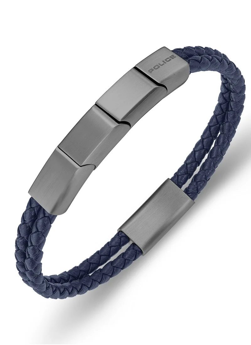 POLICE Parallel Navy Blue Leather Grey Metal Stainless Steel Gents Bracelet