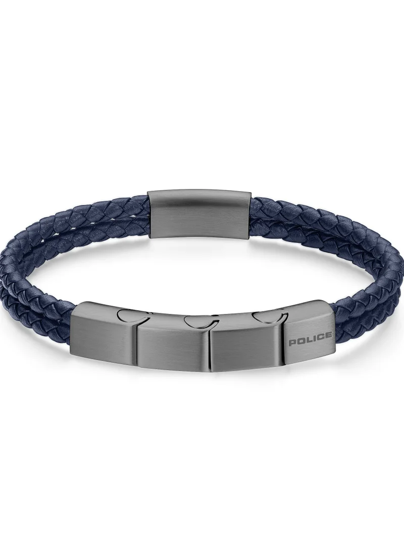 POLICE Parallel Navy Blue Leather Grey Metal Stainless Steel Gents Bracelet