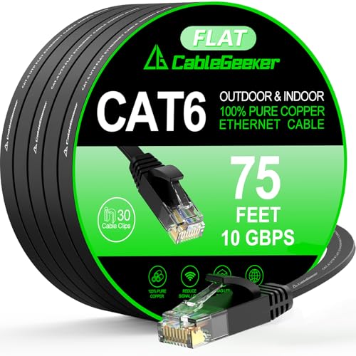 CableGeeker Cat 6 Ethernet Cable 75 ft, Indoor&Outdoor, High Speed 10Gbps Flat Internet Network Cable, Pure Copper Ethernet Patch Cable Long, Computer LAN Cable with Clips & Straps for Router, Modem, PS4/5, Black - Image 1