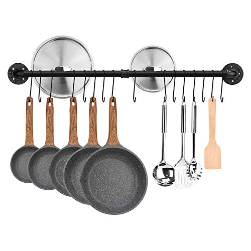 Toplife 39.4 inch Pot Rack, Kitchen Wall Mounted Detachable Pan Lid Utensils Organizer Hanging Rail with 16 Hooks, Black - Image 1