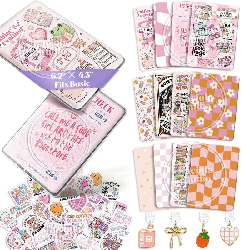 Kaciola 12PCS Inserts Cardstock and 4PCS Charms for E-Reader with 50 Stickers, 6.2"x4.3" Funny Theme Card Stock Back Cover Accessories for E-Reader Basic, Gifts for Booklovers - Image 1