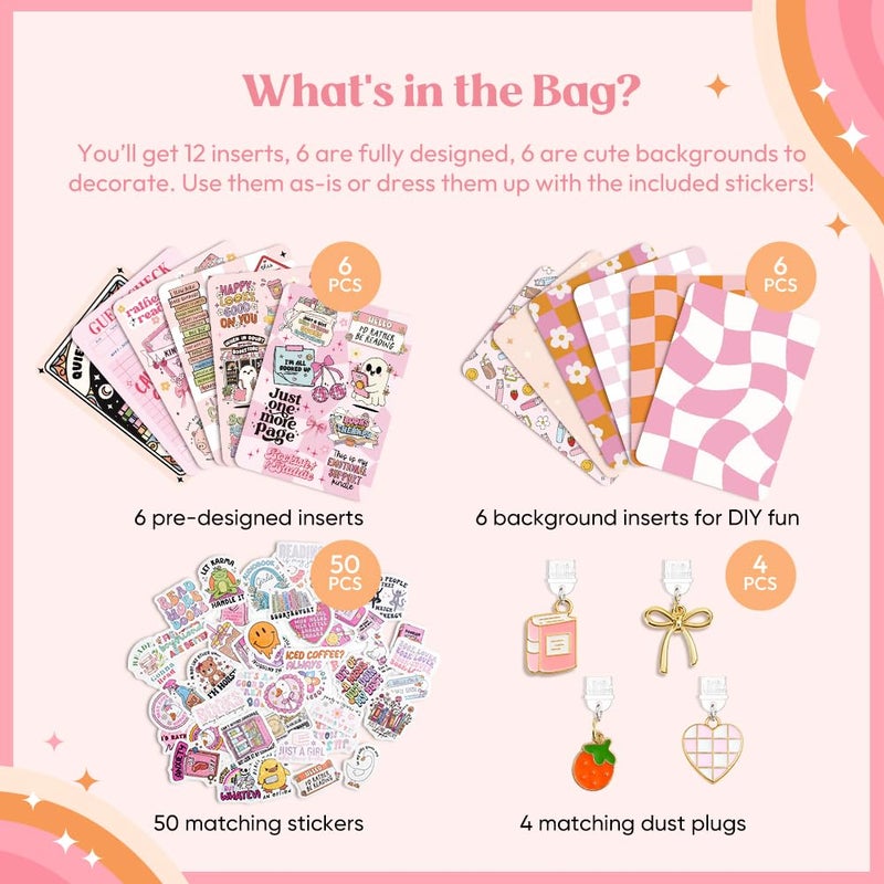 Kaciola 12PCS Inserts Cardstock and 4PCS Charms for E-Reader with 50 Stickers, 6.2"x4.3" Funny Theme Card Stock Back Cover Accessories for E-Reader Basic, Gifts for Booklovers - Image 3