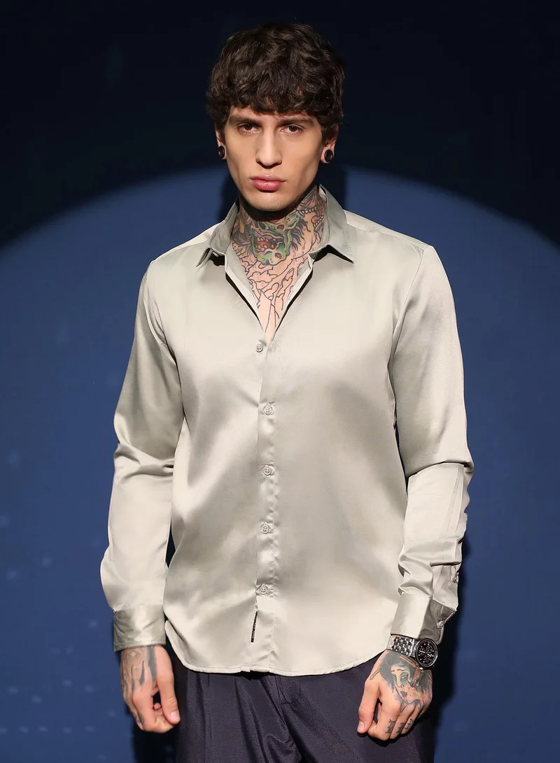 Campus Sutra Men's Sage Green Solid Satin Shirt For Casual Wear | Cuban Collar | Long Cuffed Sleeves | Button Closure | Shirt Crafted With Comfort Fit For Everyday Wear