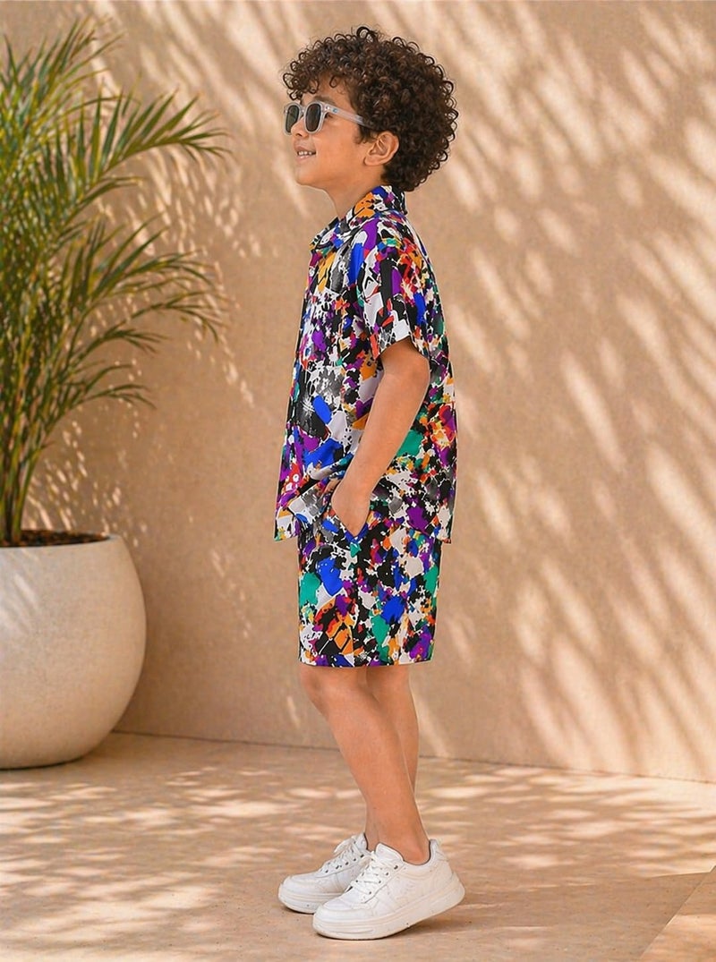 superminis Boys Co-Ord Set Rayon Shirt & Shorts Set | Printed Summer Coord Set for Boys | Casual Outfit with Pockets | Comfortable Kids Matching Set (9-10 Years, Multicolor) - Image 3