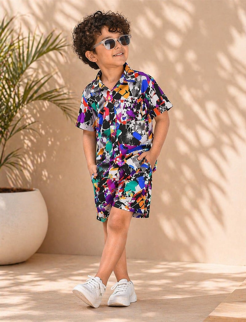 superminis Boys Co-Ord Set Rayon Shirt & Shorts Set | Printed Summer Coord Set for Boys | Casual Outfit with Pockets | Comfortable Kids Matching Set (9-10 Years, Multicolor) - Image 2