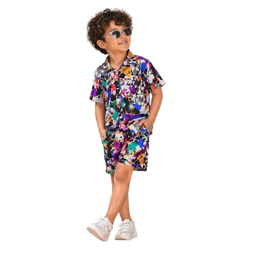superminis Boys Co-Ord Set Rayon Shirt & Shorts Set | Printed Summer Coord Set for Boys | Casual Outfit with Pockets | Comfortable Kids Matching Set (9-10 Years, Multicolor) - Image 1