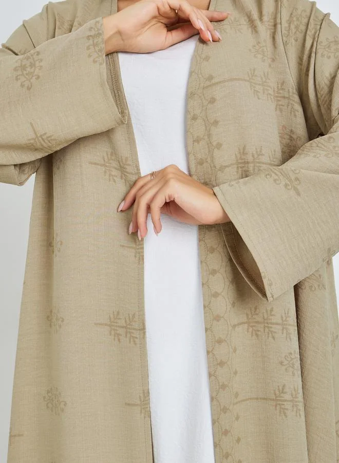 Amirah Khaki Khaki Front Open Border Print Abaya for Women | Best Price UAE