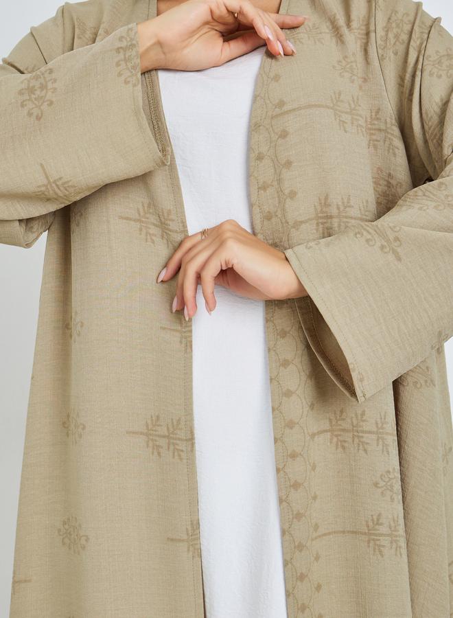 Amirah Khaki Front Open Border Print Abaya - Image 4